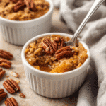 Slice of pecan pie cobbler topped with vanilla ice cream and toasted pecans.