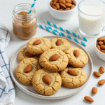 Alt text: Stack of chewy Almond Butter Cookies on a linen cloth beside crushed almonds.