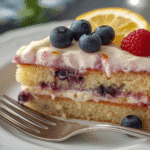 Moist lemon cake with blueberry pie filling in evenly spaced poke holes, whipped cream top.​