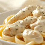 Alt “Overhead Creamy White Chicken Alfredo with Parmesan and pepper”;