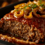French Onion Meatloaf slice with melted Gruyere and pan jus.​