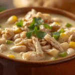 White chicken chili with creamy broth and Monterey Jack garnish.​​