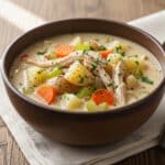 Ladle serving creamy chicken potato soup from slow cooker into bowl