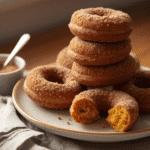 Fresh baked pumpkin donuts on a cooling rack with cinnamon sugar