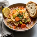 Comforting cabbage soup with clear vegetable base, fat burning soup inspiration.