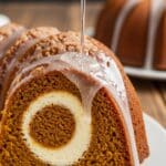 Feature v3: Alt: Pumpkin spice bundt cake on pedestal with glossy icing;