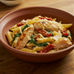 Fork twirling creamy Tuscan Chicken Pasta with juicy chicken, spinach, and sun-dried tomatoes.