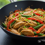 Steaming chicken lo mein stir-fry in wok with veggies.