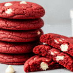 Homemade red velvet cookies stacked on a plate, topped with white chocolate chips for a festive and romantic dessert look.