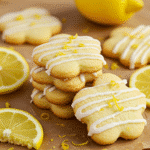 A close-up of Lemon Shortbread Cookies stacked on a plate, showcasing their golden edges and delicate citrus flavor