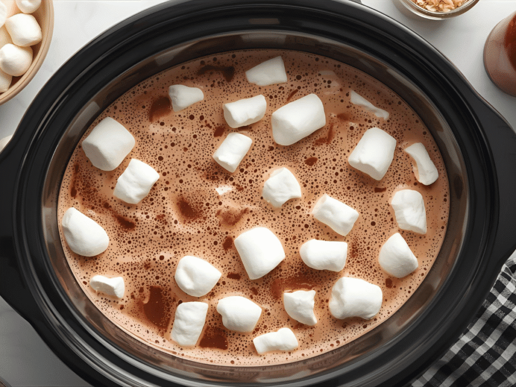 Creamy crockpot hot chocolate with marshmallows in a white mug beside a slow cooker.​
