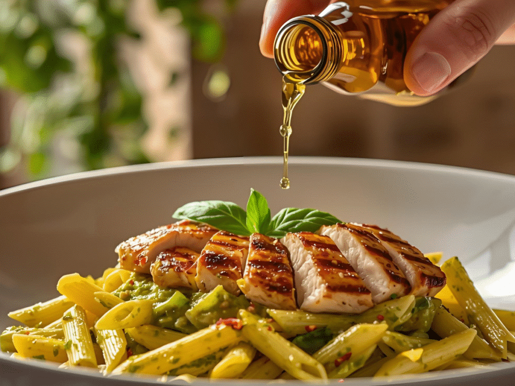 Basil Pesto Chicken Pasta skillet dinner with parmesan.
