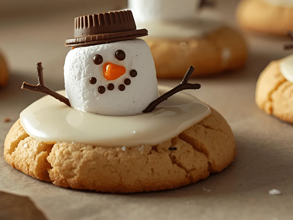 Melted Snowman Peanut Butter Cookies decorated with marshmallows and icing on a cooling rack.