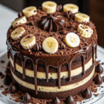 choco‑banana milk cake showing moist crumb, topped with whipped cream and chocolate curls.