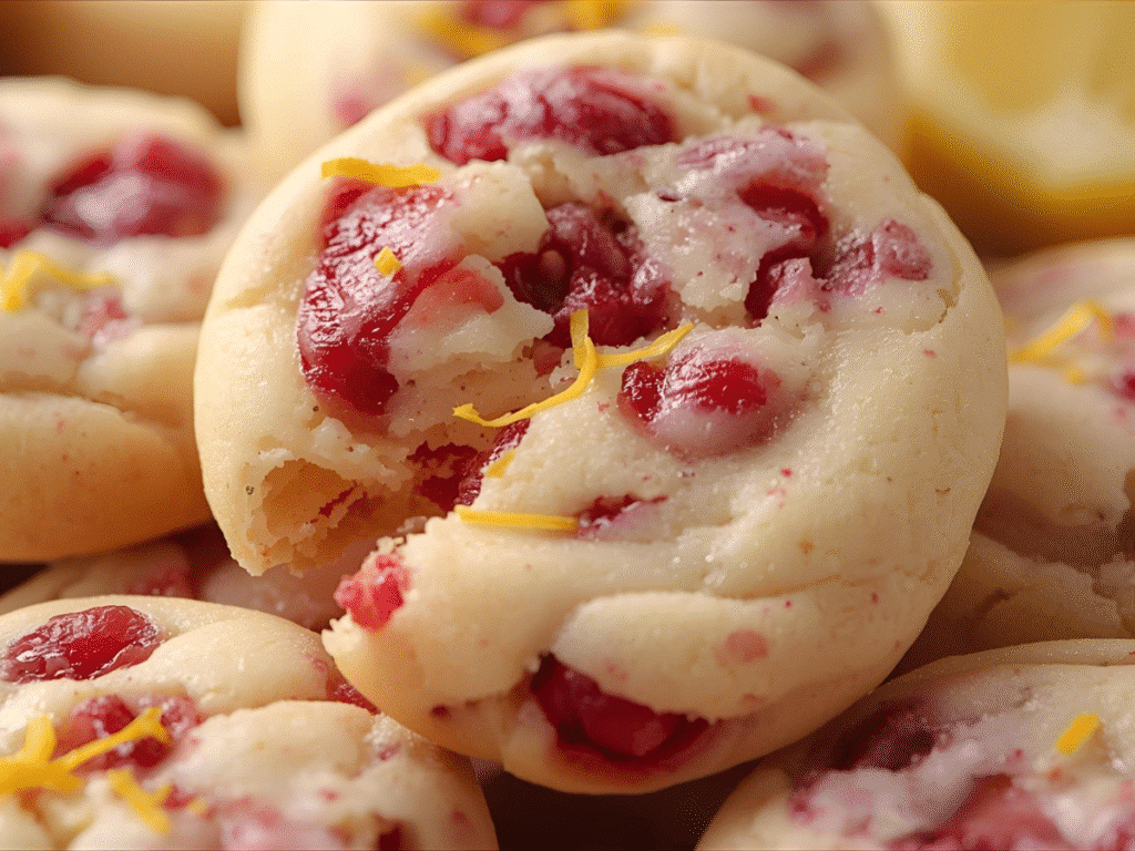 Soft Lemon Raspberry Cookies with raspberry flecks and lemon zest on parchment.​