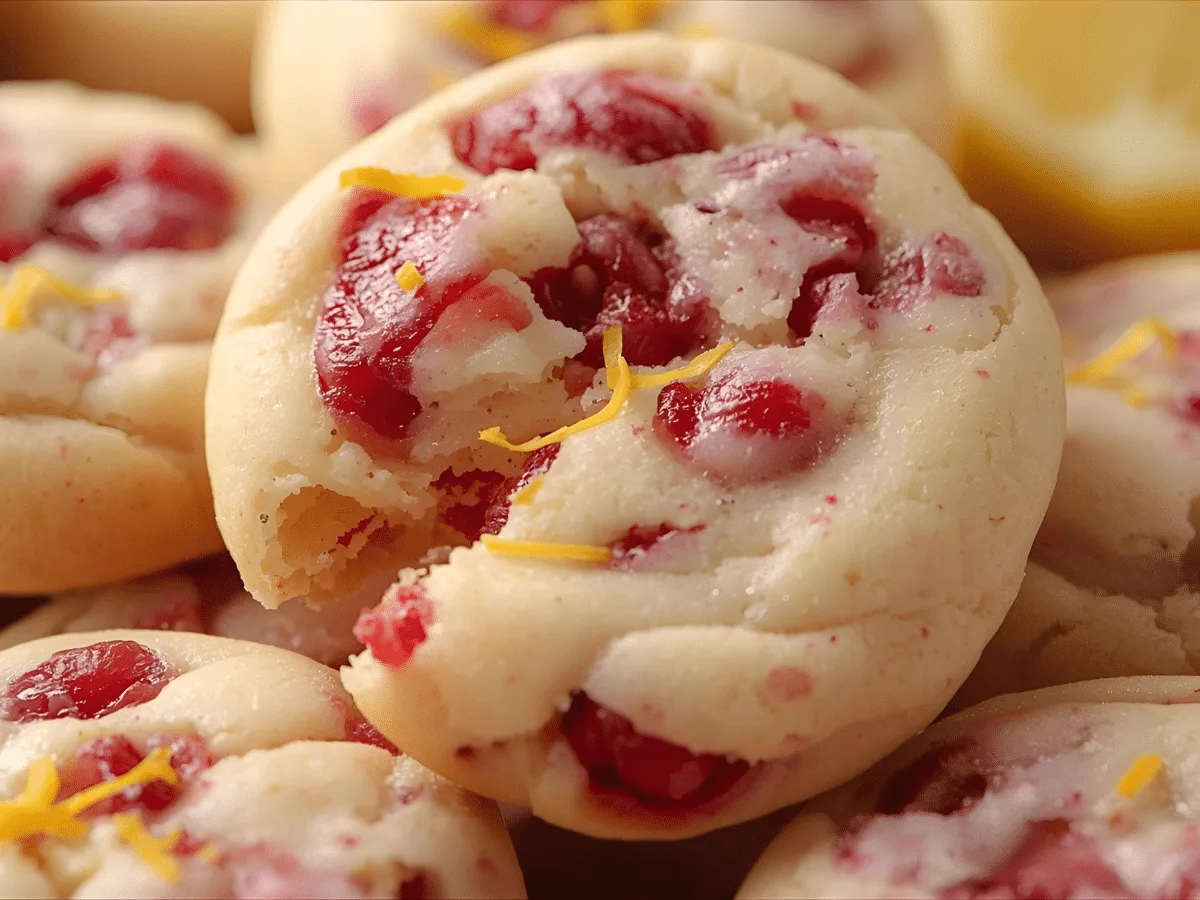 Soft Lemon Raspberry Cookies with raspberry flecks and lemon zest on parchment.​
