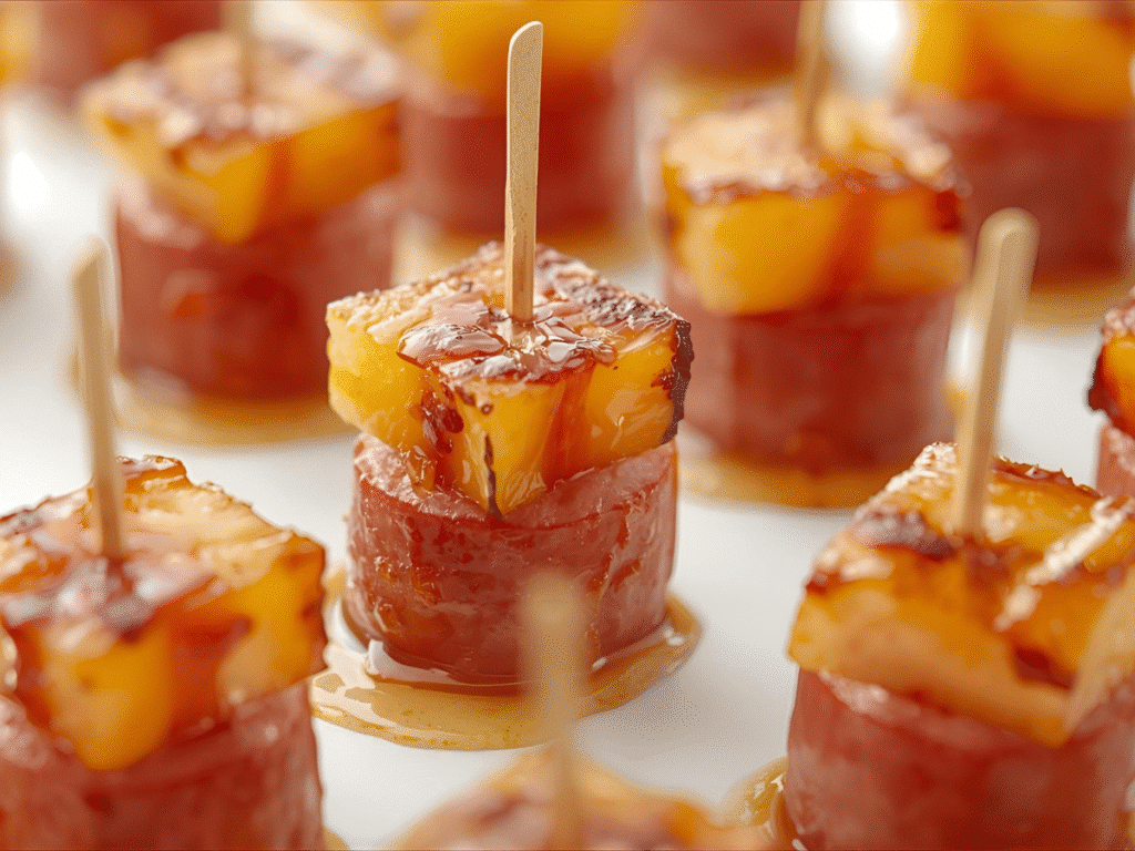 Glazed Pineapple Kielbasa Appetizers with pineapple chunks on toothpicks, glossy teriyaki sweet chili honey finish.​