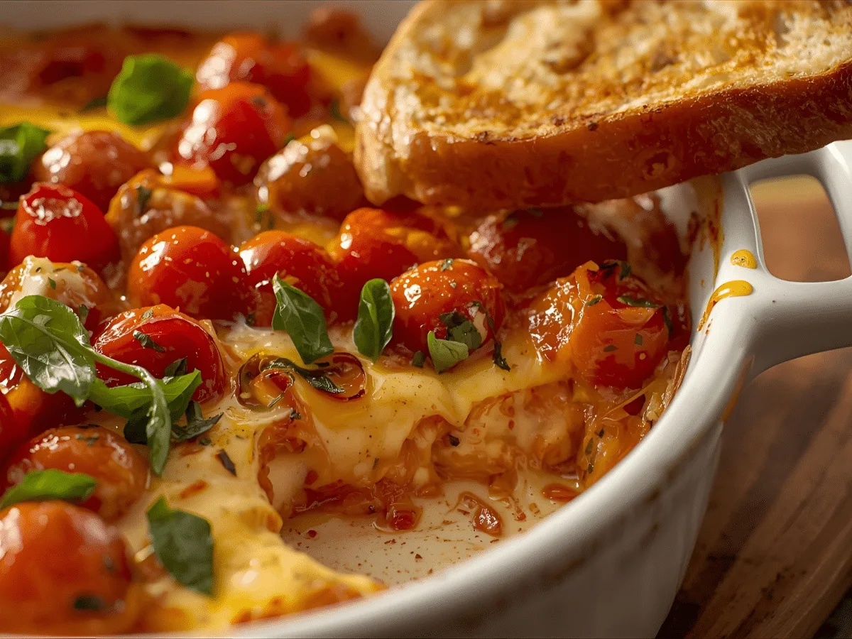 Hot three‑cheese Bruschetta Dip with tomato basil topping and balsamic, served with crostini.