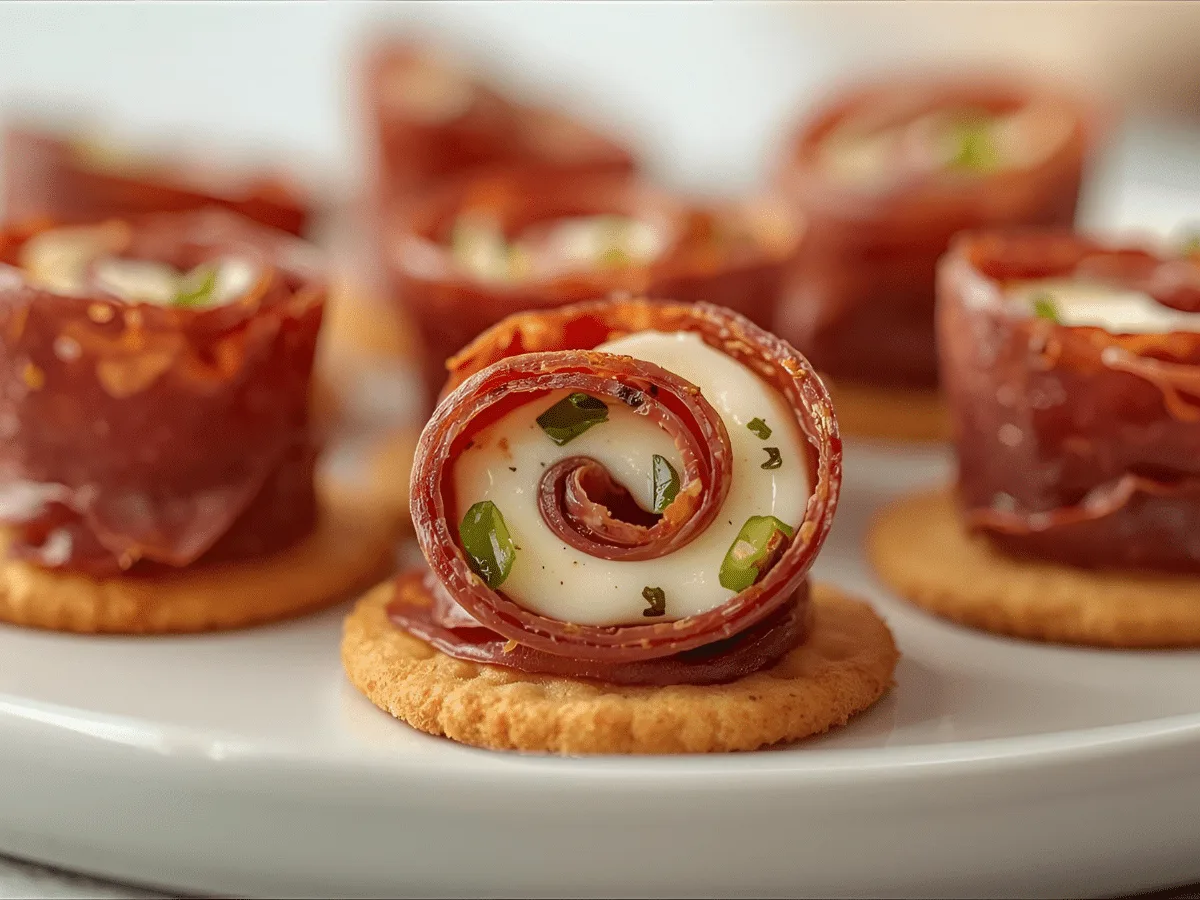 Salami Roll Ups sliced on a platter with cream cheese, chives, toothpicks, olives, and pretzels.