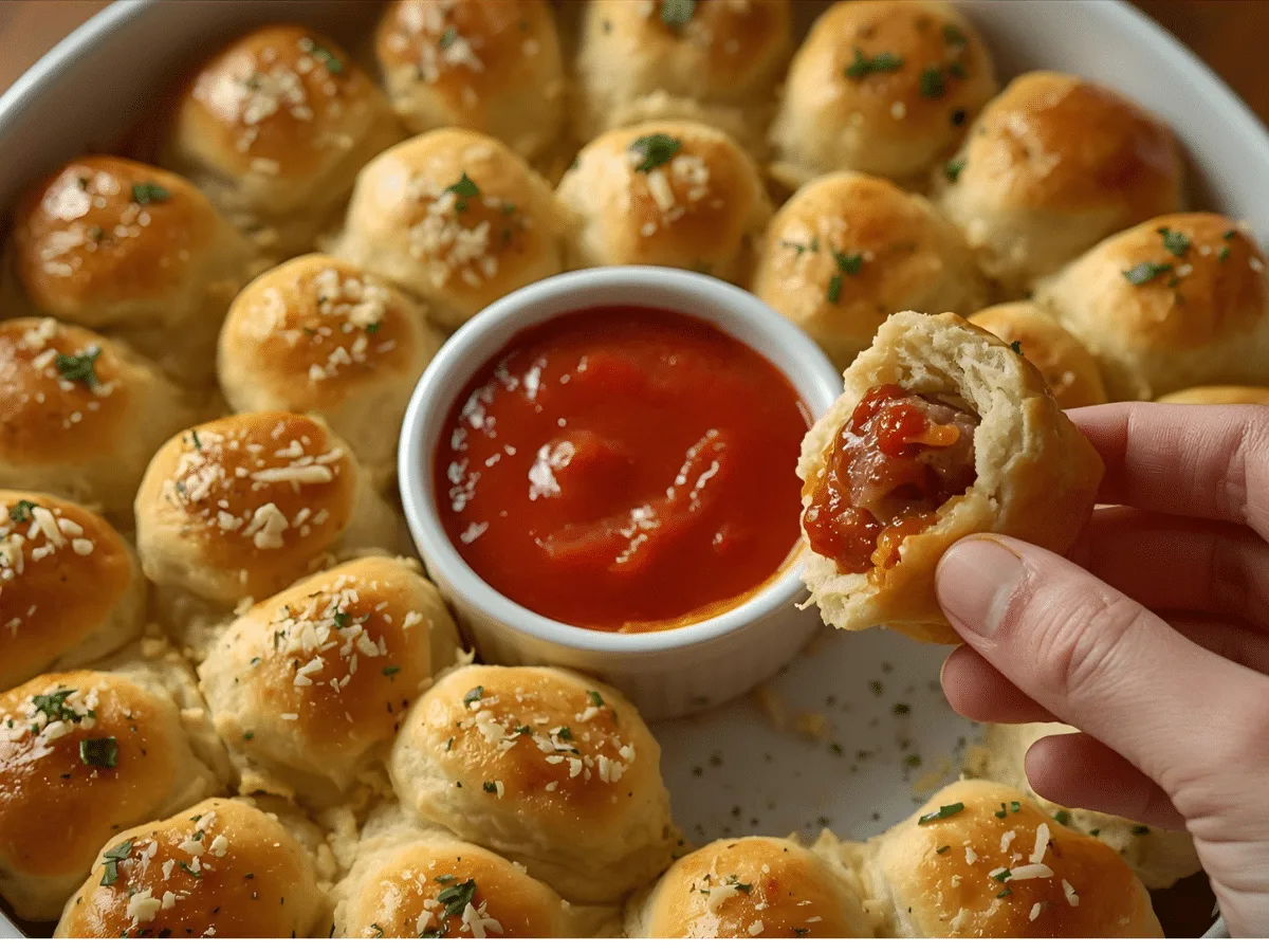 Golden meatball stuffed biscuits with mozzarella and marinara on parchment.