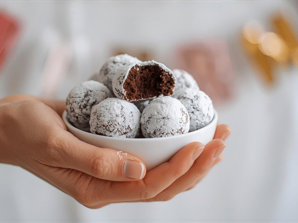 Chocolate Snowball Protein Cookie Recipes with powdered sugar coating and mini chips; Healthy Protein Desserts, Protein Baking.​​