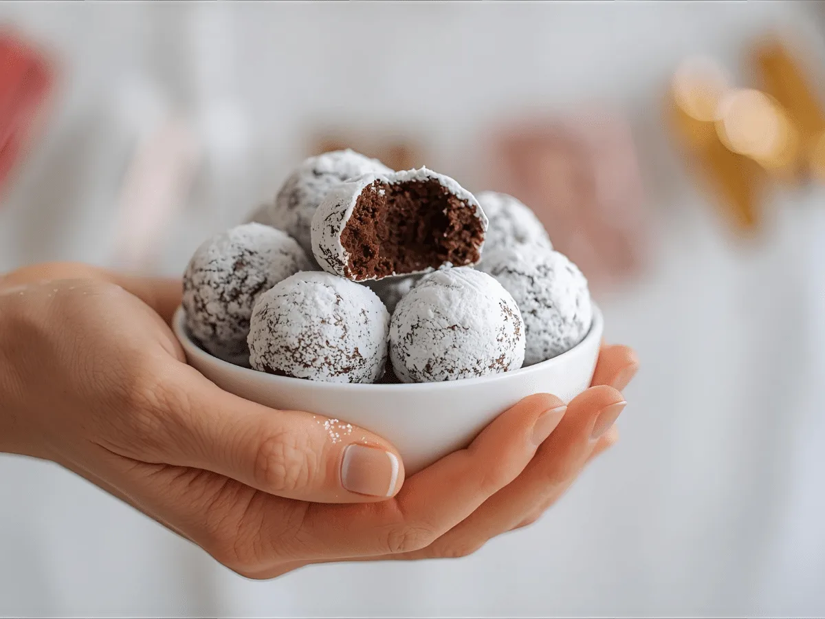 Chocolate Snowball Protein Cookie Recipes with powdered sugar coating and mini chips; Healthy Protein Desserts, Protein Baking.