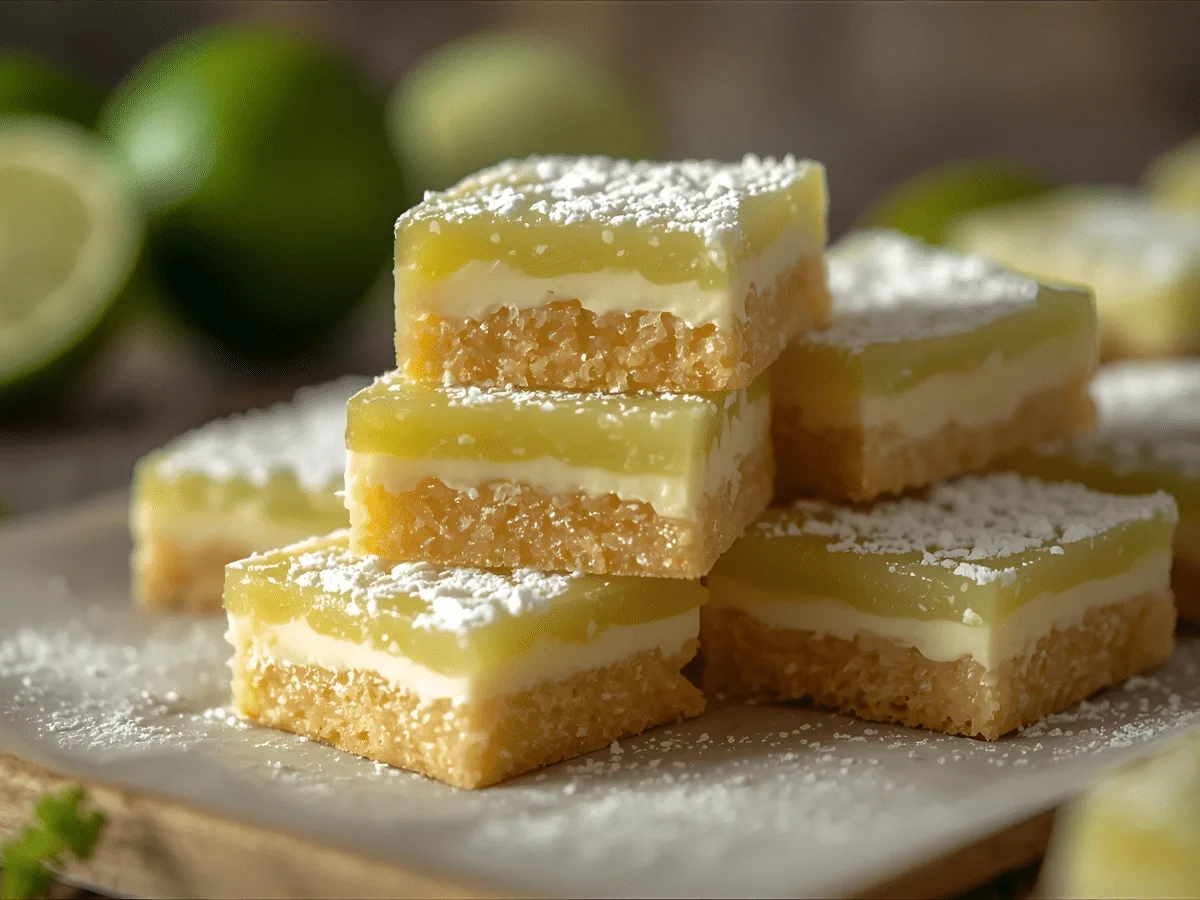 Lime Bars Recipe on shortbread crust with glossy lime filling, lightly dusted with powdered sugar for holiday desserts.