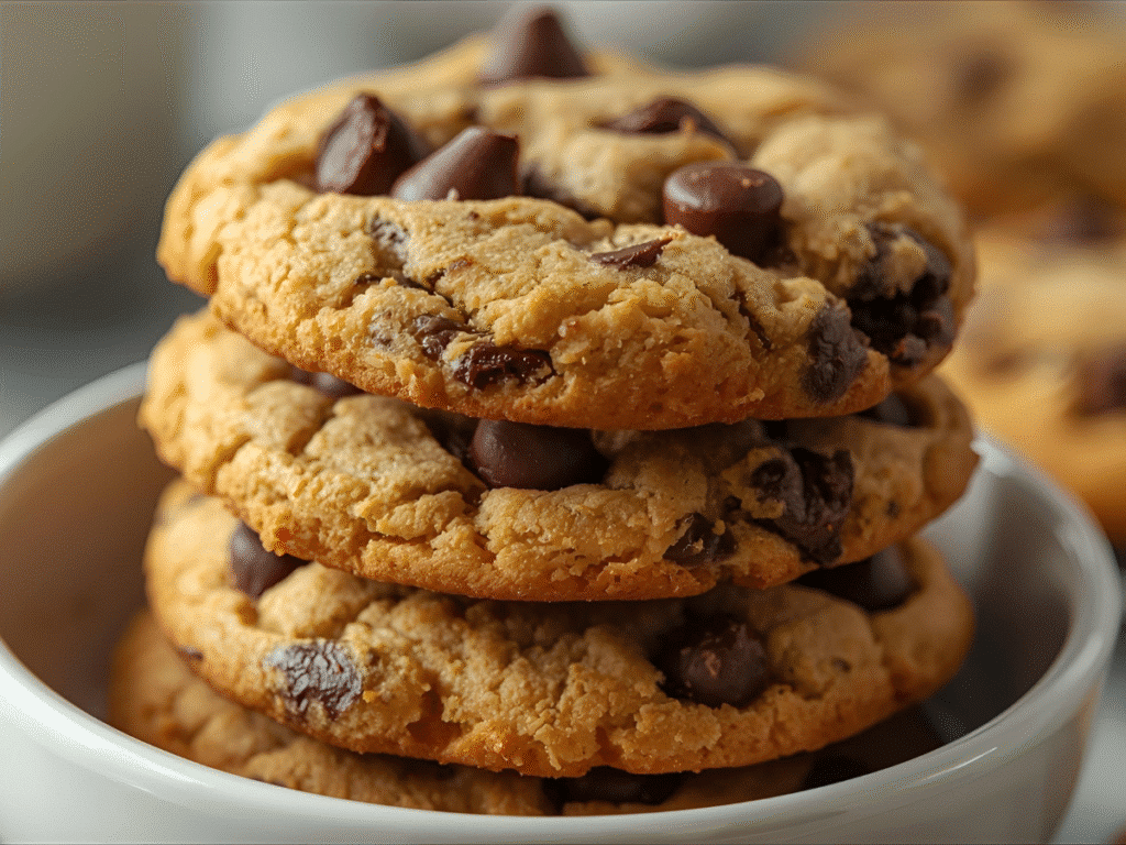 Thick, chewy chocolate chip cookies stacked on parchment, golden edges, melted chips​​