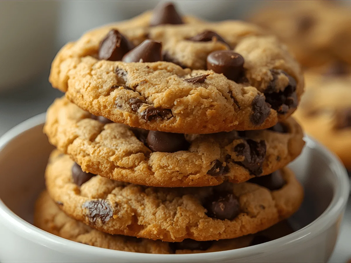 Thick, chewy chocolate chip cookies stacked on parchment, golden edges, melted chips