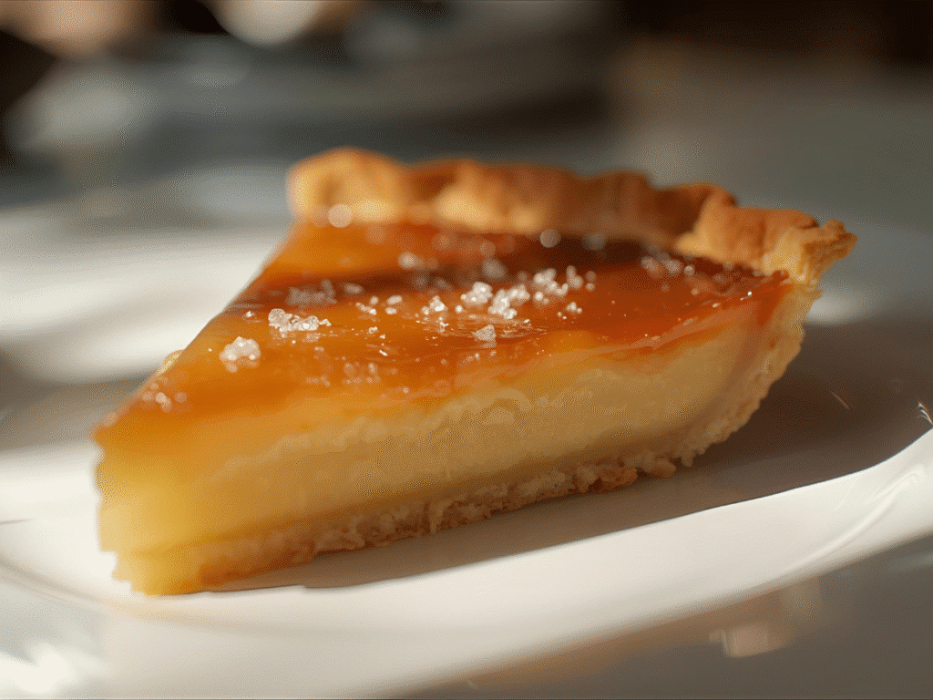 Salted Honey Pie with glossy custard and flaky sea salt in a golden crust, slice plated, honey jar and dipper nearby.​