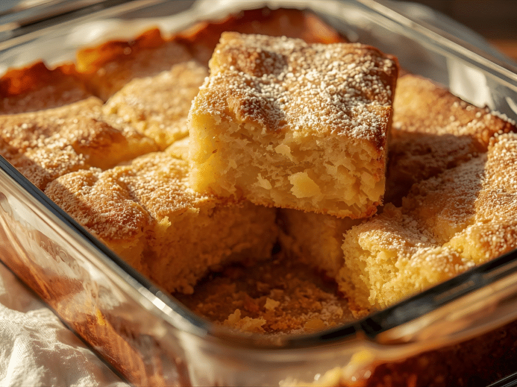 Golden brown French Butter Cake Recipe cooling on a wire rack with fresh berries.