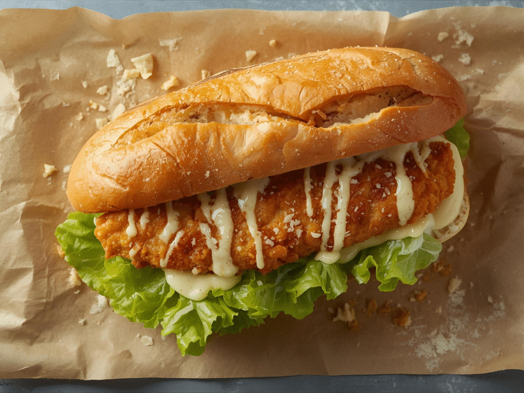 Crispy chicken Caesar sandwich three‑quarter view with Parmesan and romaine