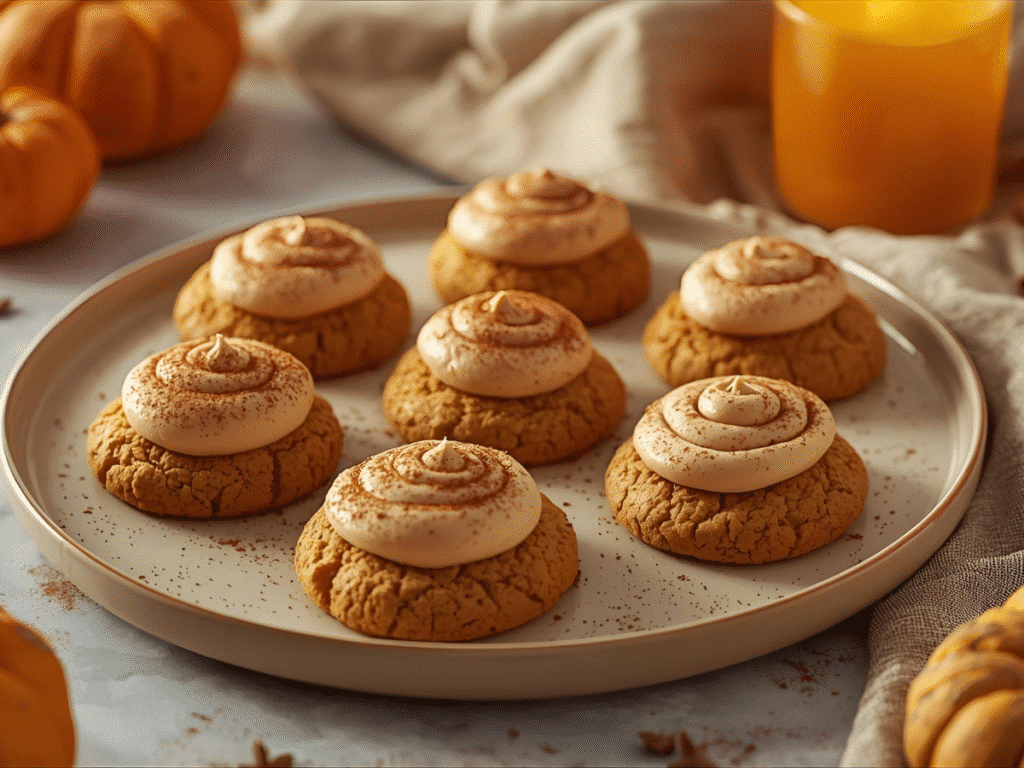 Pumpkin cookies with cinnamon swirl frosting and pumpkin pie spice dusting. 