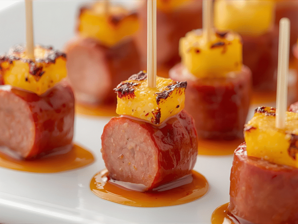 Sweet chili teriyaki Pineapple Kielbasa Appetizers on wood board, warm light.
