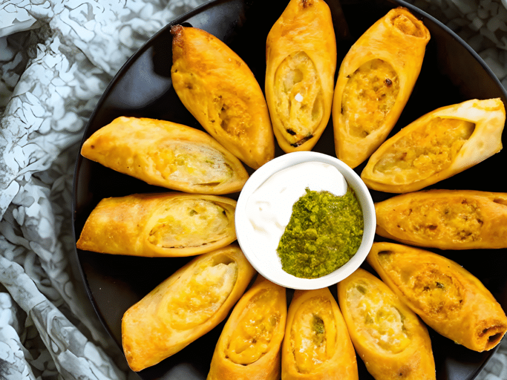 Golden Antojitos pinwheels arranged on platter; appetizers easy finger food with pesto sour cream.