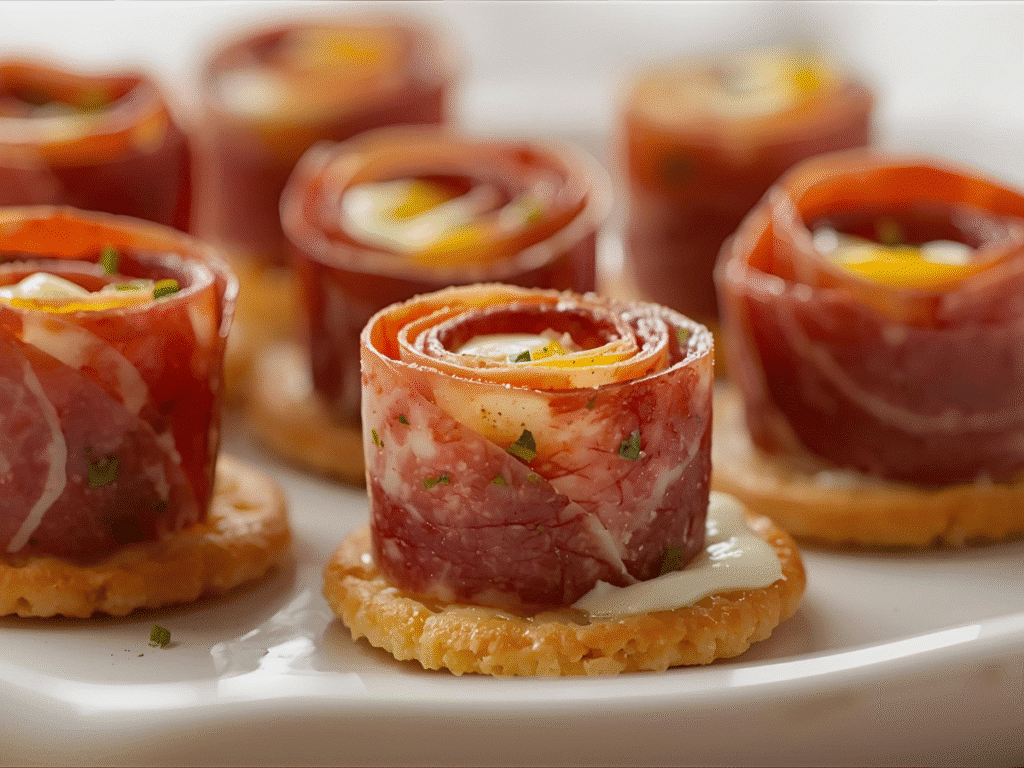 Salami Roll Ups with cream cheese, chives, olives, toothpicks, and pretzels on a platter.