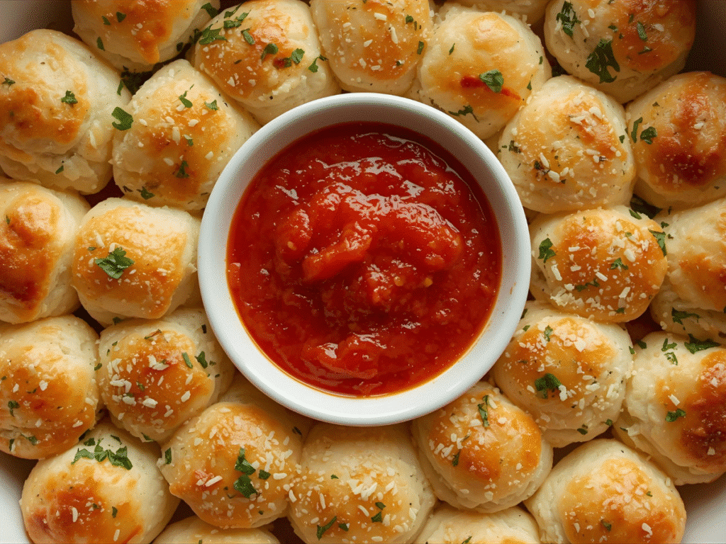 Meatball stuffed biscuits on parchment with marinara and parmesan.