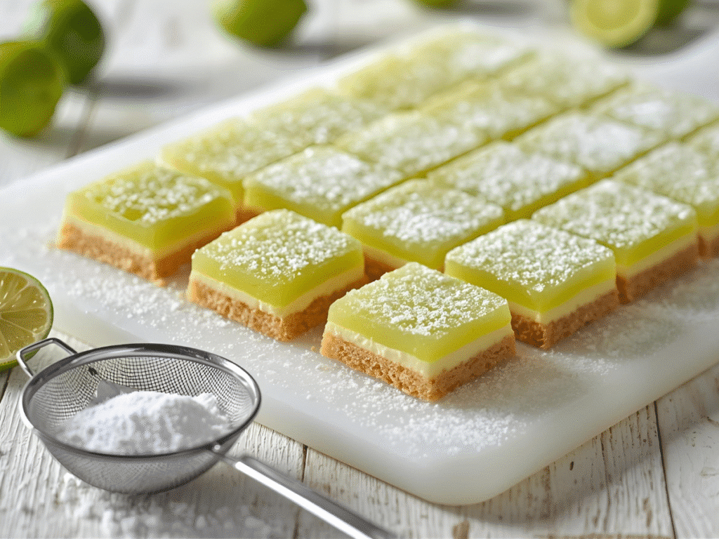 Glossy Lime Bars Recipe on shortbread crust with powdered sugar and lime zest;