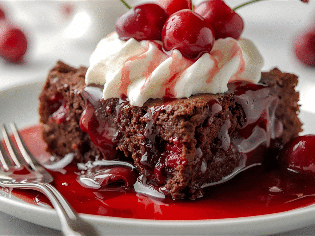 Slice of chocolate cherry dump cake on matte white plate with cherry filling oozing and whipped cream.