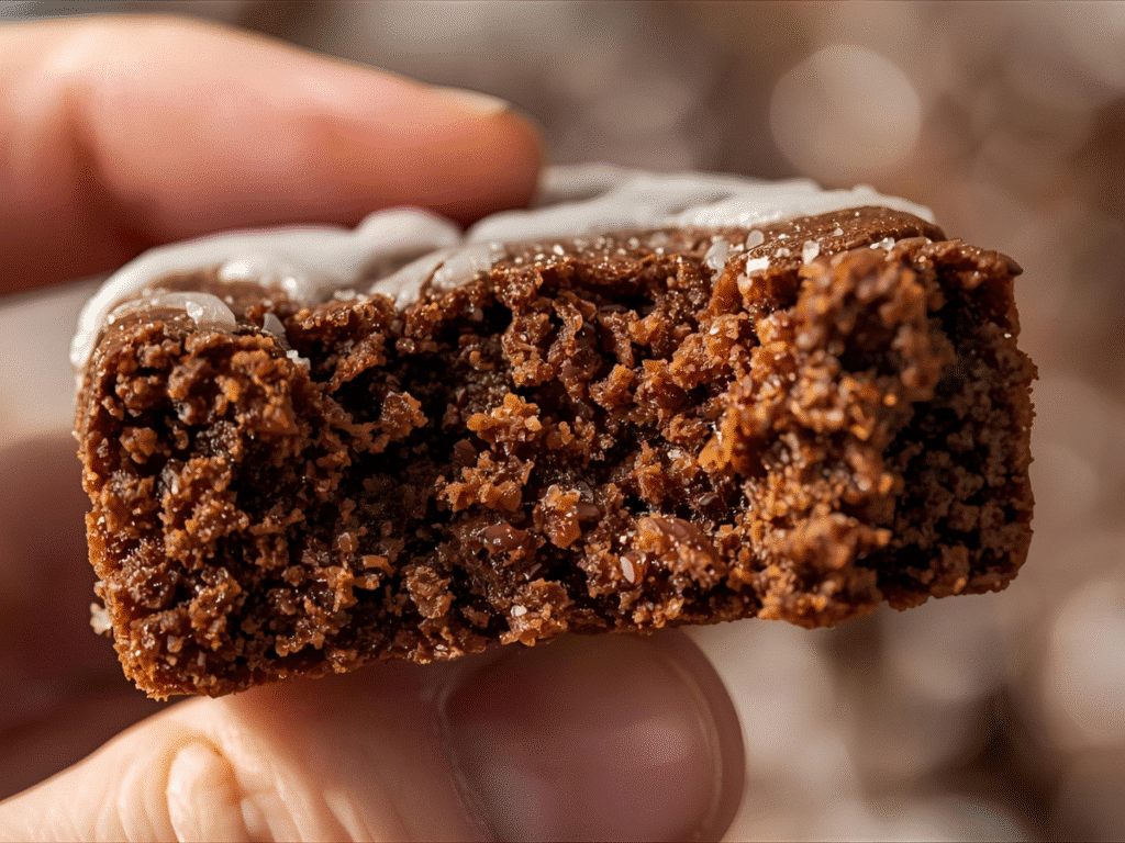 Rich chocolate brownies with ginger and molasses dusted with sugar;