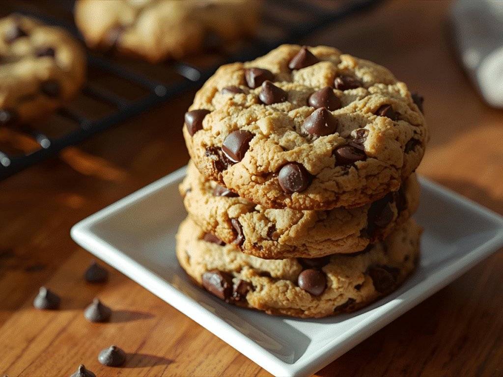 Best chewy chocolate chip cookies stacked with golden edges and glossy chocolate pools