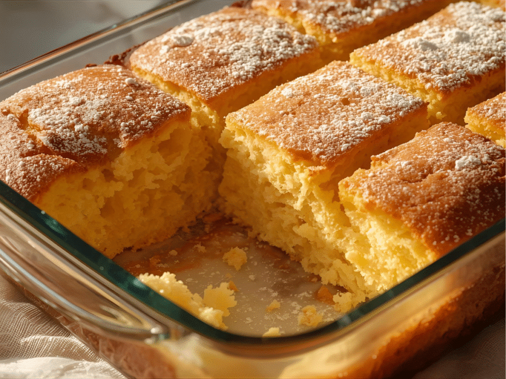  Easy French Cake Recipes shown in a white ceramic baking dish fresh from the oven.