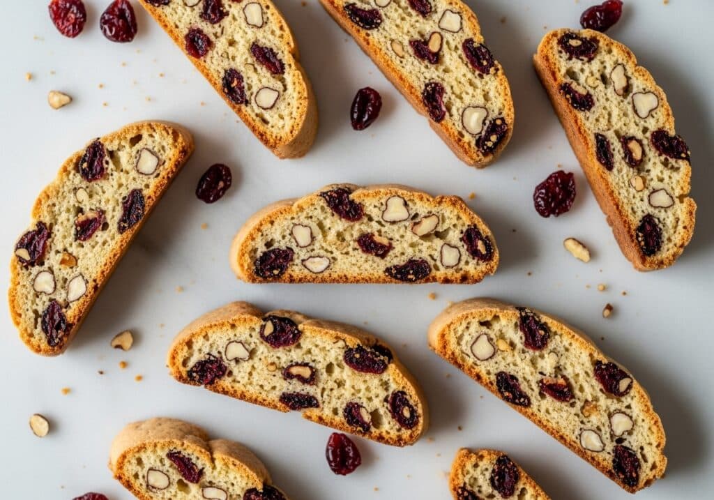 Biscotti Recipe: Golden almond biscotti with visible nuts and crisp rims, traditional Italian cookies.