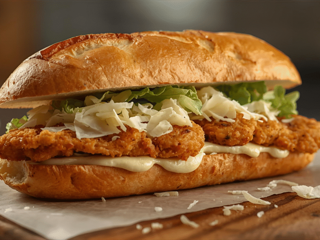 Top‑down crispy chicken Caesar sandwich cut to reveal layers