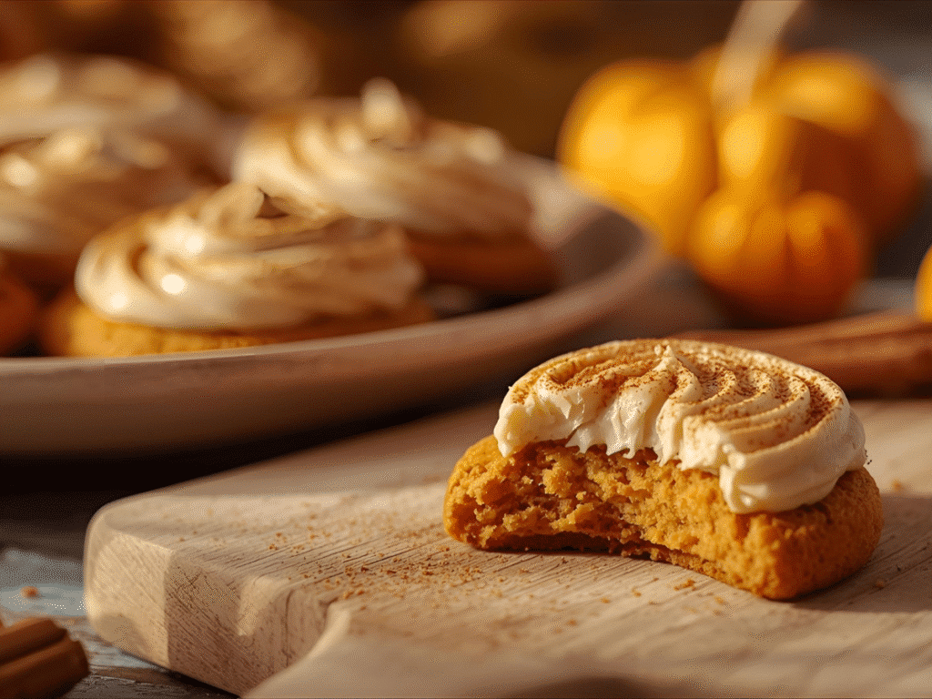 A dozen pumpkin cookies with cinnamon frosting on ceramic platter, wood table.
