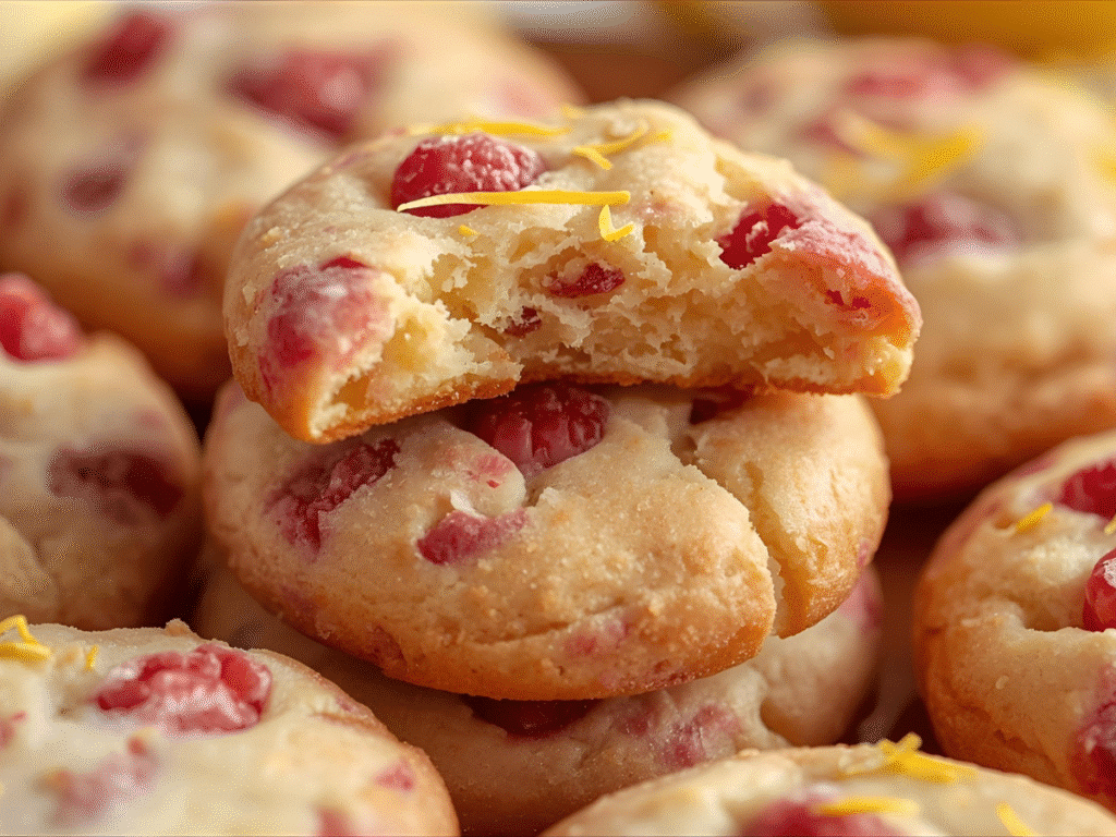 Overhead Lemon Raspberry Cookies with zest curls and berry pieces.​