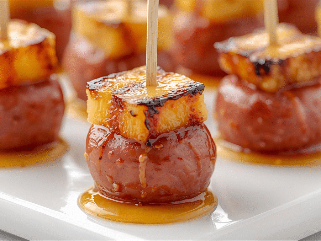 Close‑up glazed Pineapple Kielbasa Appetizers, sticky amber finish.