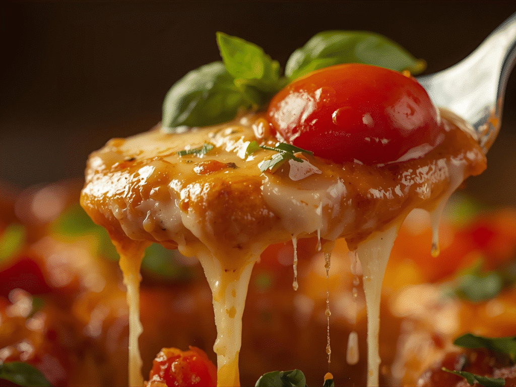 Baked Parmesan Bruschetta Dip with tomato, basil, and olive oil, hot and ready to serve.