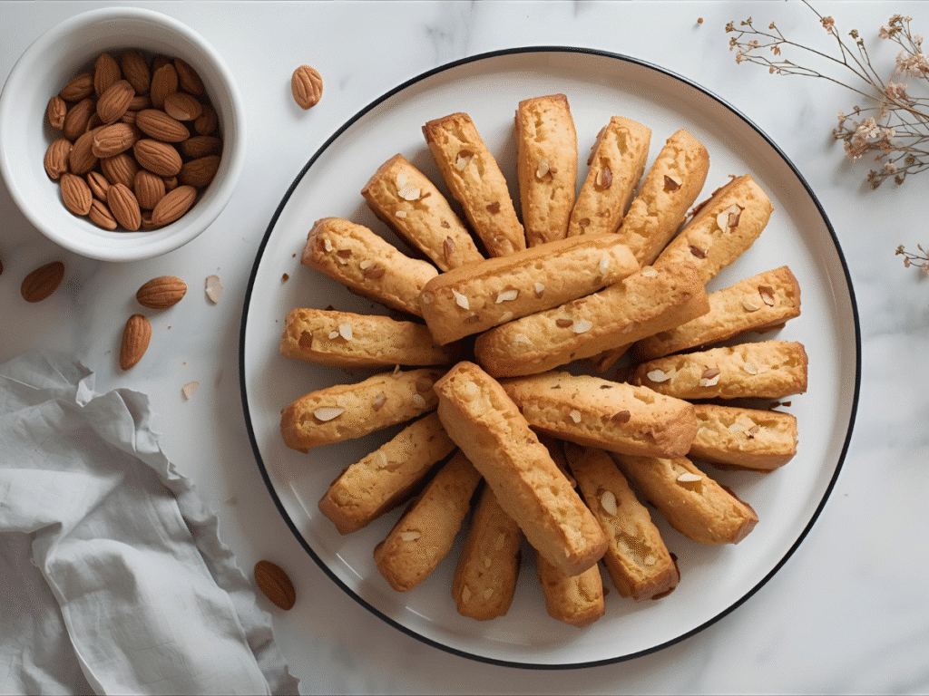 Sliced almond biscotti arranged in a fan, crunchy twice-baked cookies for coffee.