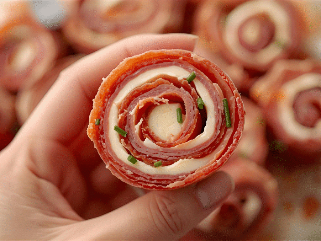 Sliced Salami Roll Ups revealing creamy chive-studded filling with olive garnish.